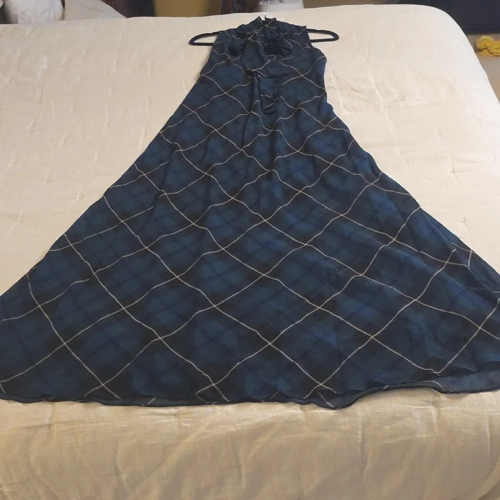 Ralph Lauren Dark Green and Navy Plaid Tie-Neck Maxi Dress with Bow - Picture 9 of 16